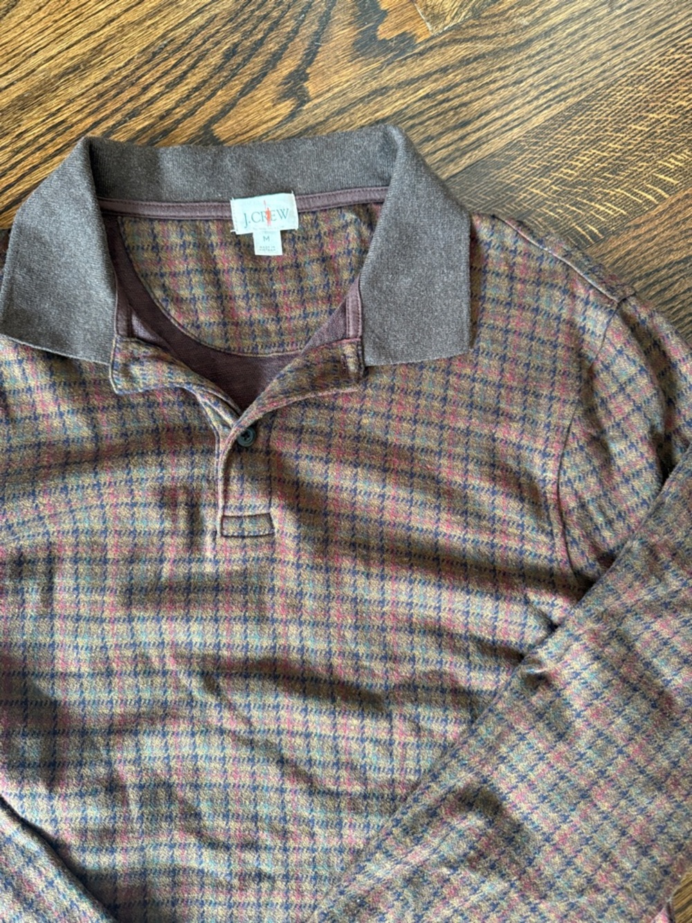 J. Crew Men's Plaid Long-Sleeve Polo – Brown Multi with Subtle Red & Green